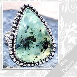 Moss Prehnite Southwest Style Silver Artisan Ring Sz 7.5 (Olive to Forest Green)